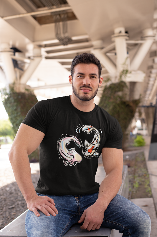 Playera Negra Pez Koi y Ajolote