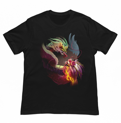 Playera Negra Dragón y Quetzalcoatl