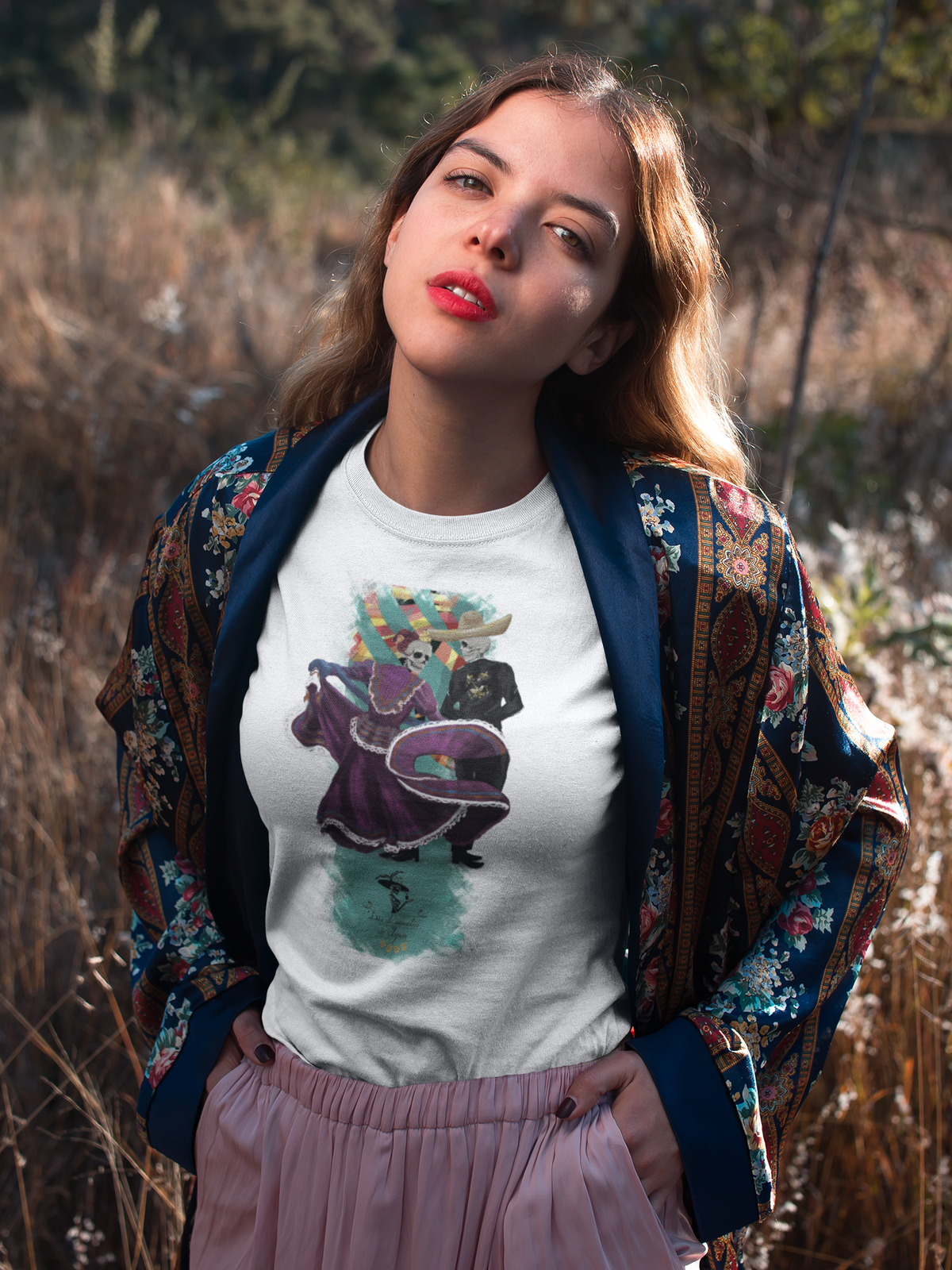 Playera Blanca Calacas Bailando