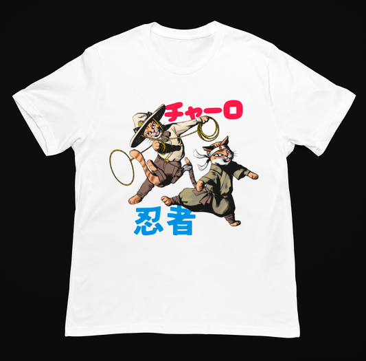 Playera Blanca Gato Charro y Ninja
