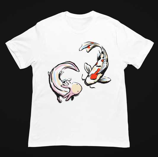 Playera Blanca Pez Koi y Ajolote