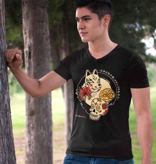 Playera Negra Máscara de Calavera  y Zorro