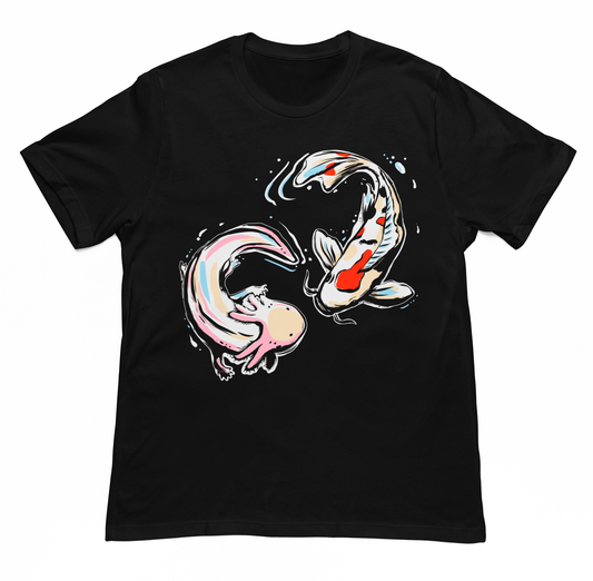 Playera Negra Pez Koi y Ajolote